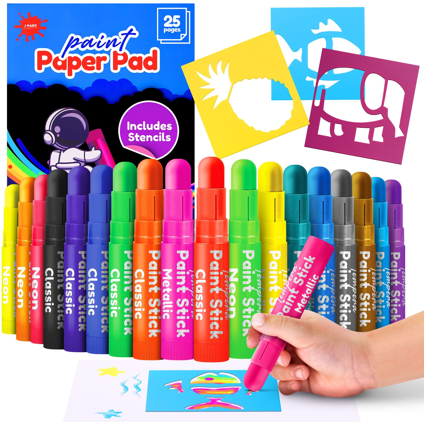 J MARK Solid Tempera Paint Sticks - Including Painting Book and Stencils, Set of Paint Sticks for Kids Washable- Tempera Sticks