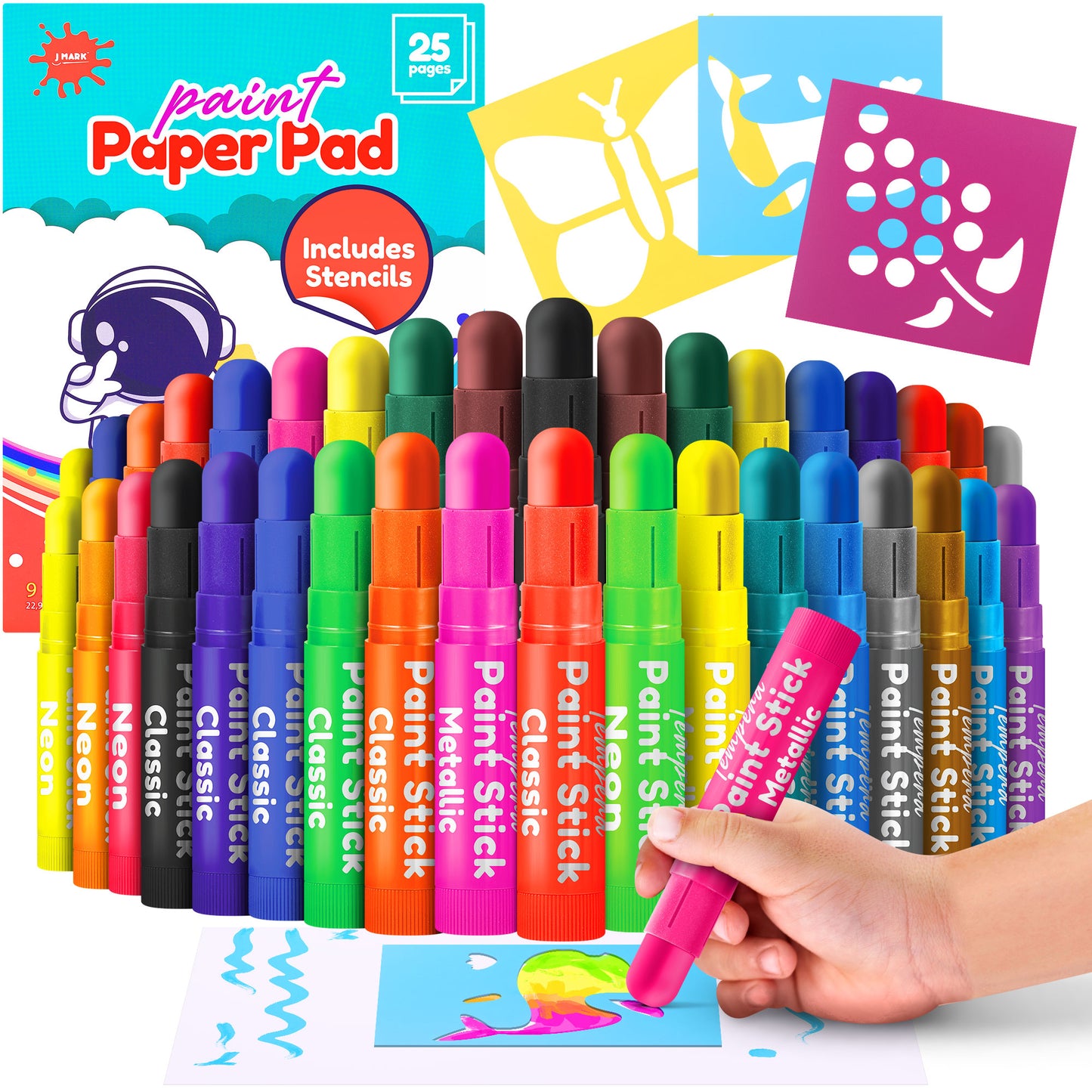 J MARK Solid Tempera Paint Sticks- Including Painting Book and Stencils, Set of Washable Paint Sticks Crayons for Kids - Solid Paint Markers - (36 Colors)