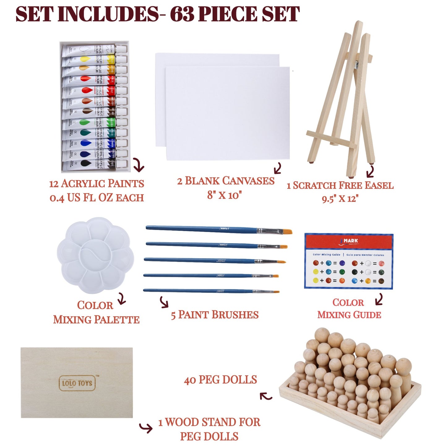 J MARK 63-Piece Acrylic Painting Kit – Included Canvases, Peg, Washable Paints and More
