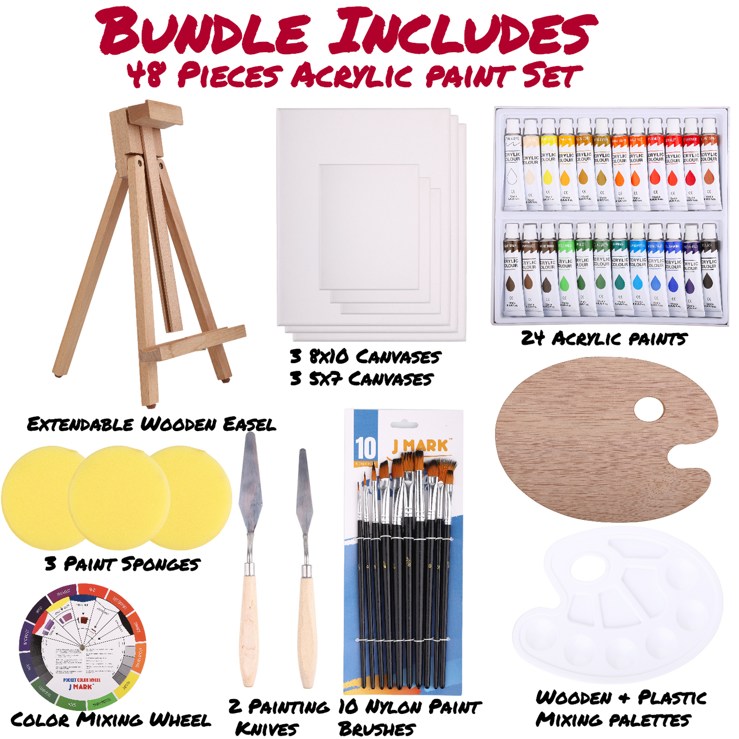 J MARK 48pc Deluxe Painting Kits for Adults - Includes Adjustable Wood Easel, Thick Canvases, Acrylic Paints, Brushes Set,Wooden and Plastic Palettes, 2 Painting Knives, 3 Sponges, Color Mixing Wheel