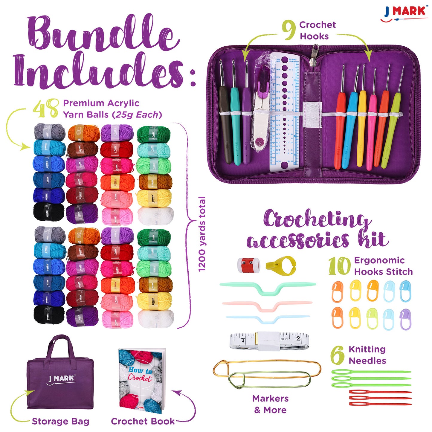J MARK Premium Crochet Kit -Includes 2,640 Yards of Acrylic Yarn for Crocheting Complete Crochet Set