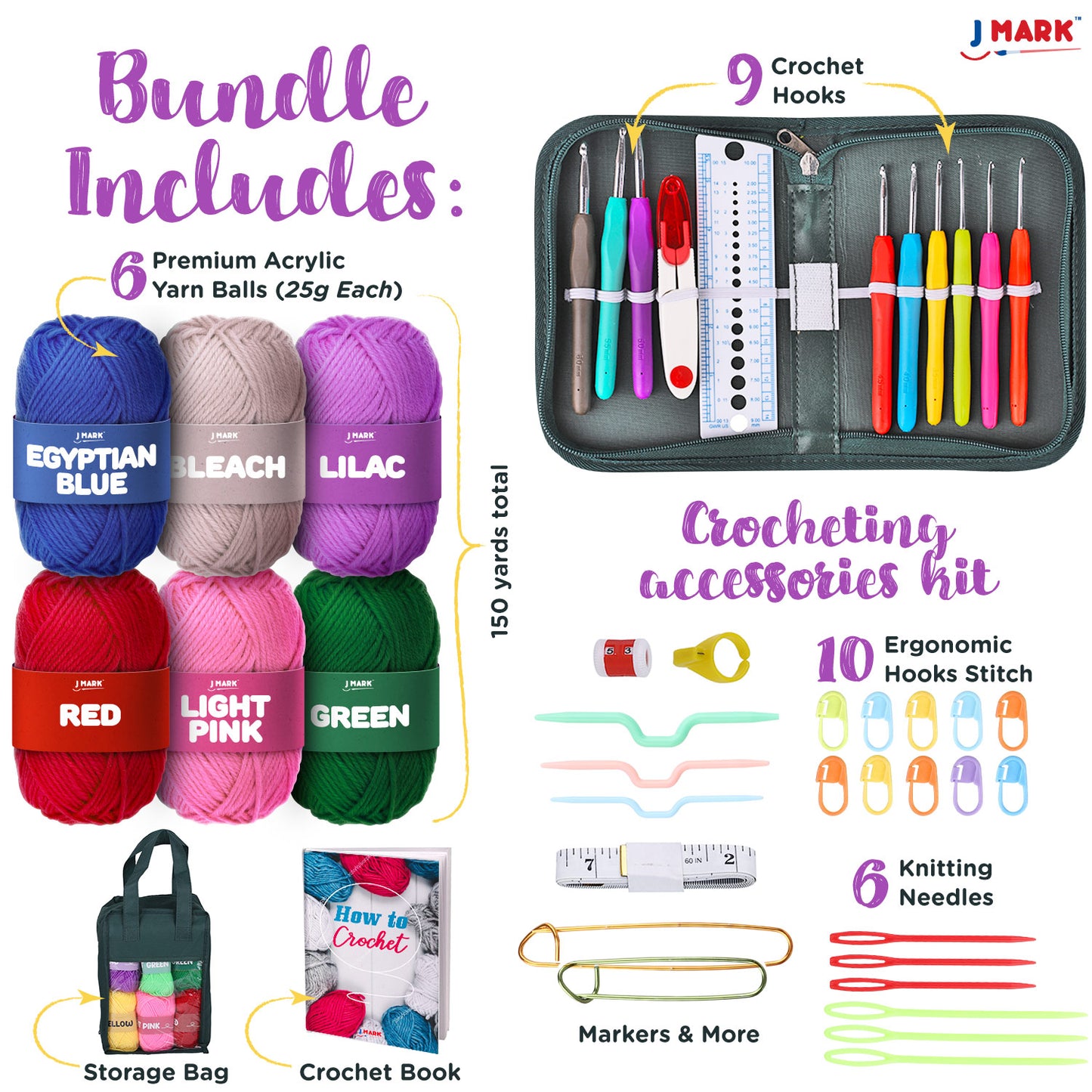 J MARK Crochet Kit for Beginners – Complete Crocheting Set with Acrylic Yarn and Accessories
