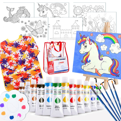 J MARK Pain Set for Kids – Acrylic Kids Painting Kit with Storage Bag, Washable Paints, Easel, Canvases, Brushes and More, Complete Kids Painting Set