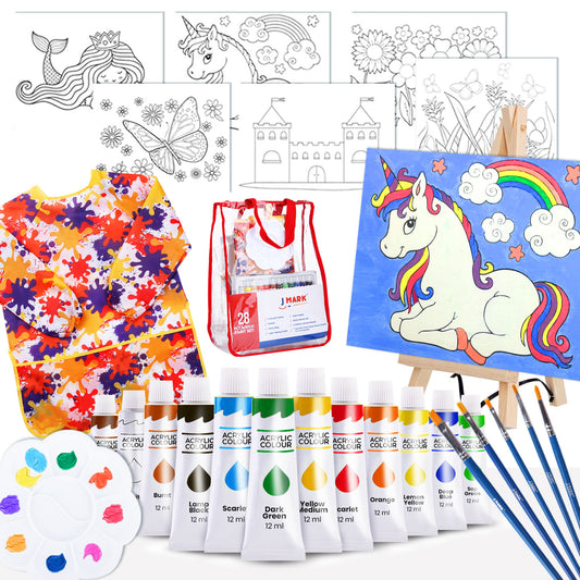 J MARK Pain Set for Kids – Acrylic Kids Painting Kit with Storage Bag, Washable Paints, Easel, Canvases, Brushes and More, Complete Kids Painting Set