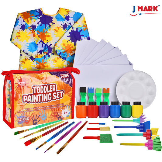 J MARK Complete Toddler Painting Set – Includes Washable Toddler Paint, Art Smock, Toddler Painting Paper, Brushes, Brushes, Toddler Art Set Painting Tools and More