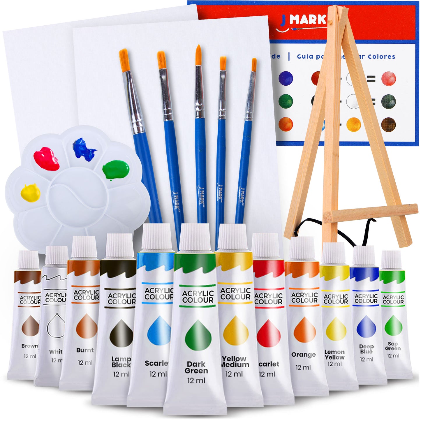 J MARK Painting Kit Includes Acrylic Paint Set, 8 x 10 in. Canvases, Brushes, Palette and More