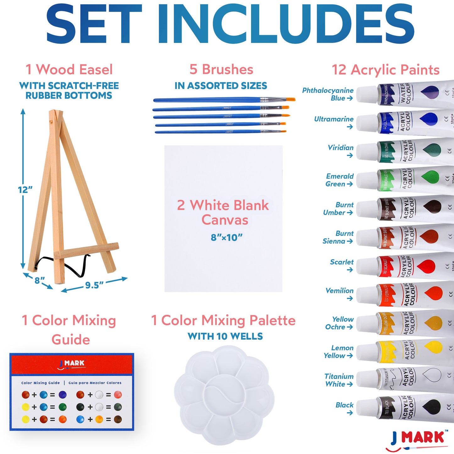 J MARK Painting Kit Includes Acrylic Paint Set, 8 x 10 in. Canvases, Brushes, Palette and More