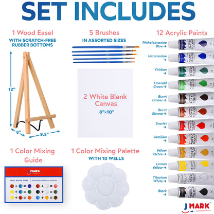 J MARK Painting Kit Includes Acrylic Paint Set, 8 x 10 in. Canvases, Brushes, Palette and More