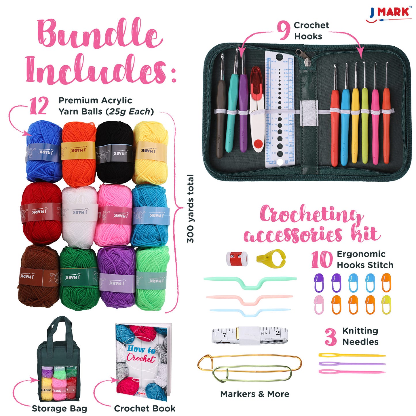 J MARK Acrylic Crochet Kit for Beginners – Premium Crochet Starter Kit for Adults Bundle